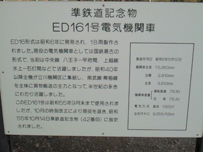 準鉄道記念物　ED16 1号機の案内板